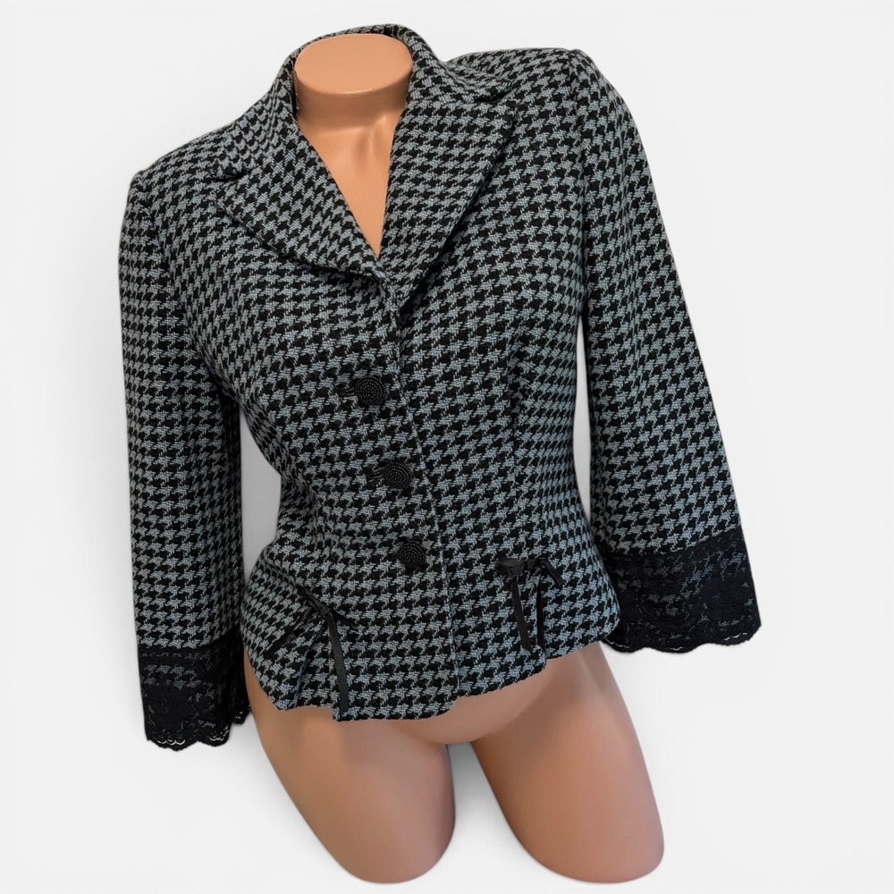 Unger Blazer Size 8 Blue Black Houndstooth Wool Blend Lace Trim Tailored Y2K - Picture 2 of 8